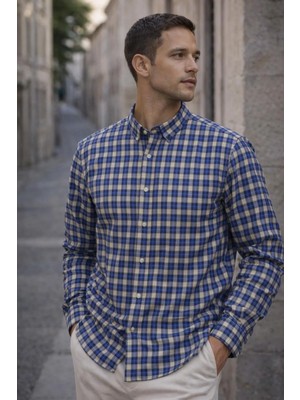Valiberta Jacob Kareli %100 Pamuklu Relaxed Fit Casual Giyim Ekose Erkek Gömlek - Mavi