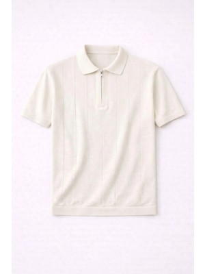 Valiberta Ritchie Fermuarlı Polo Yaka Dikey Çizgili Kısa Kollu Ince Triko Erkek T-Shirt - Bej