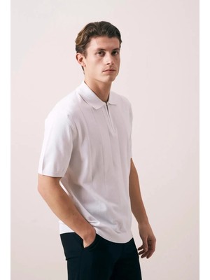 Valiberta Ritchie Fermuarlı Polo Yaka Dikey Çizgili Kısa Kollu Ince Triko Erkek T-Shirt - Ekru