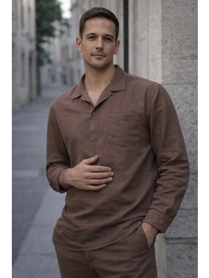 Valiberta Sartre Apaş Yaka Tek Cepli Ince Modal Kumaş Oversize Uzun Kollu Yazlık Gömlek - Kahve