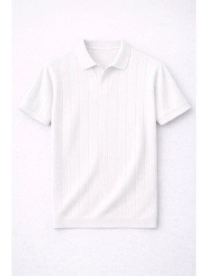 Valiberta Elatus Çizgili V Yaka Ince Triko Relaxed Fit Polo Yaka Erkek T-Shirt - Ekru