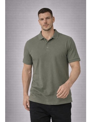 Valiberta Orlando Polo Yaka Pike Kumaş Relaxed Fit Basic Düğmeli Relaxed Fit Erkek T-Shirt - Haki