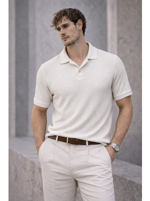 Valiberta Aretus Şönil Kumaş Regular Fit Tek Düğmeli Polo Yaka Erkek T-Shirt - Ekru