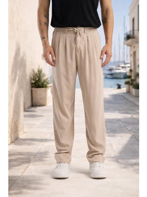 Valiberta Magnus Tensel Kumaş Relaxed Fit Beli Lastikli Yazlık Erkek Pantolon - Kum Beji