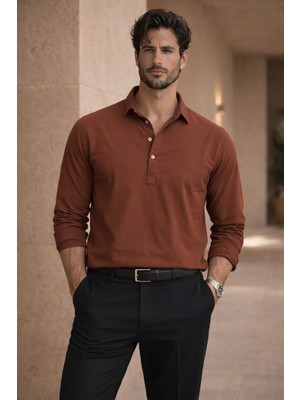 Valiberta Yarım Pat Yakalı York Pamuk Kumaşlı Uzun Kollu Erkek Gömlek - Koyu Kahve