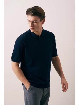 Valiberta Ritchie Fermuarlı Polo Yaka Dikey Çizgili Kısa Kollu Ince Triko Erkek T-Shirt - Lacivert