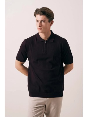 Valiberta Ritchie Fermuarlı Polo Yaka Dikey Çizgili Kısa Kollu Ince Triko Erkek T-Shirt - Bordo