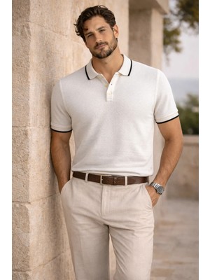 Valiberta Balzac Yakası Şeritli Düğmeli Polo Yaka Basic Günlük Petek Örgü Triko Erkek T-Shirt - Ekru