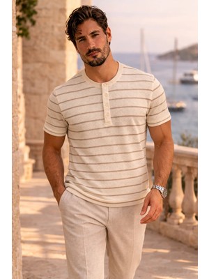Valiberta Kristof Pike Kumaş Regular Fit Düğmeli Yaka Kendinden Çizgili T-Shirt - Ekru