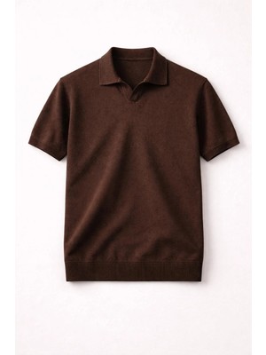 Valiberta Dawson Polo V Yaka Düğmesiz Kısa Kollu Tok Kumaş Triko Erkek T-Shirt - Kahve