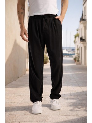 Valiberta Magnus Tensel Kumaş Relaxed Fit Beli Lastikli Yazlık Erkek Pantolon - Siyah