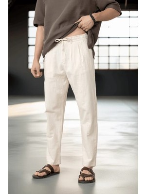 Valiberta Pamuk Flamli Düz Paça Rahat Kalıp Jogger Erkek Pantolon - Beyaz