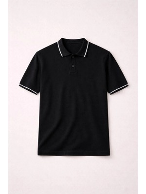 Valiberta Austen Kontrast Biyeli Düğmeli Polo Yaka Kısa Kollu Ince Triko Erkek T-Shirt - Siyah