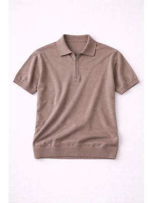 Valiberta Linus Fermuarlı Polo Yaka Kısa Kollu Ince Triko Erkek T-Shirt - Vizon