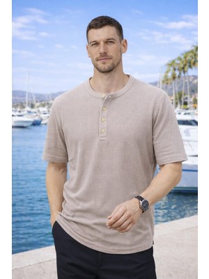 Valiberta Roth Relaxed Fit Günlük Henley Yaka Waffle Kumaş Yazlık Kısa Kollu T-Shirt - Bej