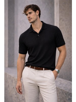 Valiberta Aretus Şönil Kumaş Regular Fit Tek Düğmeli Polo Yaka Erkek T-Shirt - Siyah