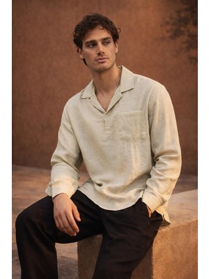 Valiberta Sartre Apaş Yaka Tek Cepli Ince Modal Kumaş Oversize Uzun Kollu Yazlık Gömlek - Bej