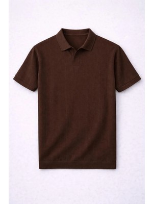Valiberta Elatus Çizgili V Yaka Ince Triko Relaxed Fit Polo Yaka Erkek T-Shirt - Kahve