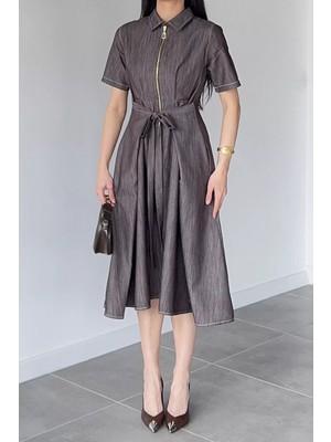 Gülseli Kadın Polo Yaka Ön Fermuarlı Bel Bağlamalı Elbise P-00020934