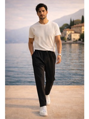 Valiberta Meridian Kumaş Relaxed Fit %100 Pamuklu Jogger Erkek Yazlık Eşofman Altı Pantolon - Siyah