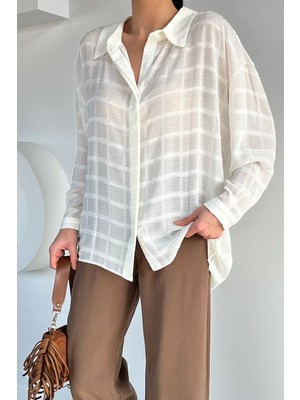 Gülseli Kadın Kalın Çizgili ve Kareli Şifon Gömlek P-00020922