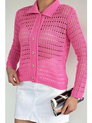 Gülseli Kadın Polo Yaka Ajurlu Ön Düğmeli Triko Hırka P-00020936