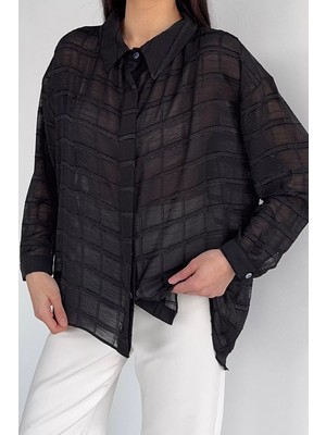 Gülseli Kadın Kalın Çizgili ve Kareli Şifon Gömlek P-00020922