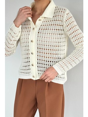 Gülseli Kadın Polo Yaka Ajurlu Ön Düğmeli Triko Hırka P-00020936