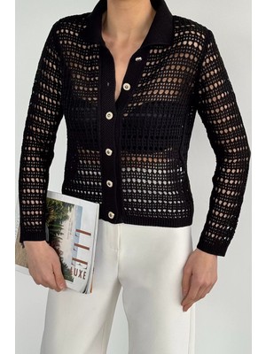 Gülseli Kadın Polo Yaka Ajurlu Ön Düğmeli Triko Hırka P-00020936