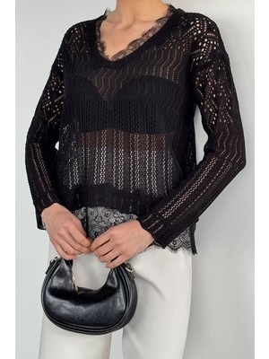 Gülseli Kadın V Yaka Ajurlu Güpür Detaylı Triko Bluz P-00020935
