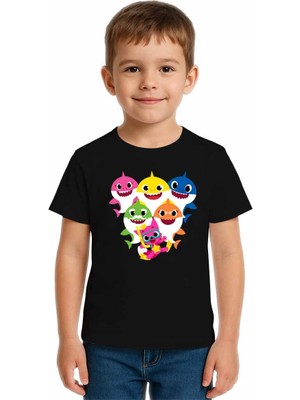 Sedirli Unisex Baby Shark Baskılı Çocuk Tişört Pamuklu Penye Kumaş