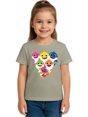 Sedirli Unisex Baby Shark Baskılı Çocuk Tişört Pamuklu Penye Kumaş