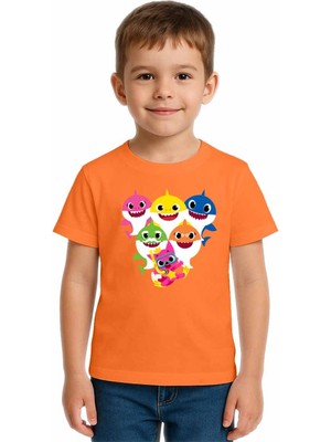 Sedirli Unisex Baby Shark Baskılı Çocuk Tişört Pamuklu Penye Kumaş