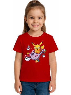 Sedirli Unisex Pikaçu Baskılı Çocuk Tişört Pamuklu Penye Kumaş