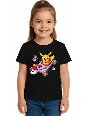 Sedirli Unisex Pikaçu Baskılı Çocuk Tişört Pamuklu Penye Kumaş