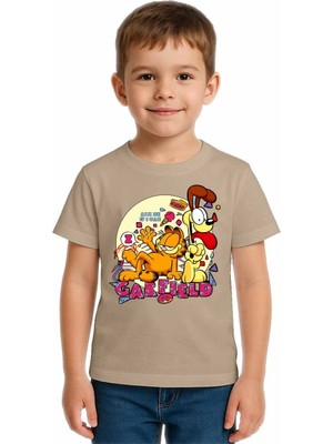 Sedirli Unisex Garfıeld Baskılı Çocuk Tişört Pamuklu Penye Kumaş