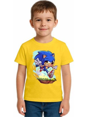 Sedirli Unisex Sonic Baskılı Çocuk Tişört Pamuklu Penye Kumaş