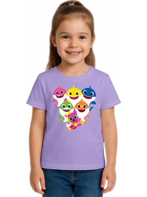 Sedirli Unisex Baby Shark Baskılı Çocuk Tişört Pamuklu Penye Kumaş