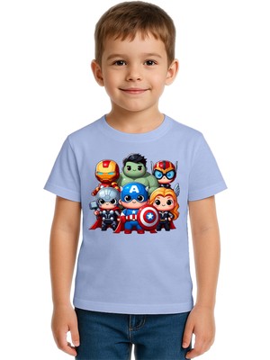Sedirli Unisex Hulk Kaptan Amerika Demir Adam Baskılı Çocuk Tişört Pamuklu Penye Kumaş