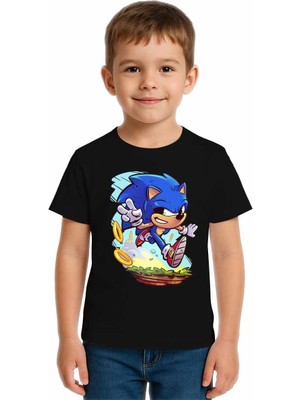 Sedirli Unisex Sonic Baskılı Çocuk Tişört Pamuklu Penye Kumaş
