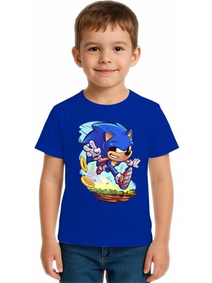 Sedirli Unisex Sonic Baskılı Çocuk Tişört Pamuklu Penye Kumaş