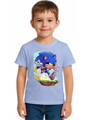 Sedirli Unisex Sonic Baskılı Çocuk Tişört Pamuklu Penye Kumaş