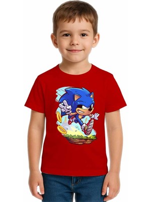 Sedirli Unisex Sonic Baskılı Çocuk Tişört Pamuklu Penye Kumaş