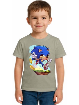 Sedirli Unisex Sonic Baskılı Çocuk Tişört Pamuklu Penye Kumaş