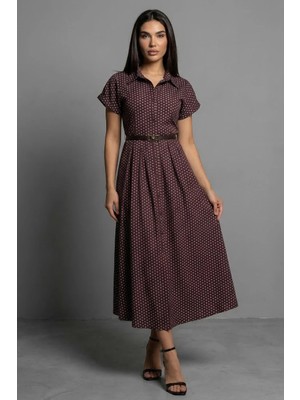 Madmext Bordo Puantiyeli Kemerli Gömlek Kadın Elbise MG2787