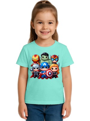 Sedirli Unisex Hulk Kaptan Amerika Demir Adam Baskılı Çocuk Tişört Pamuklu Penye Kumaş