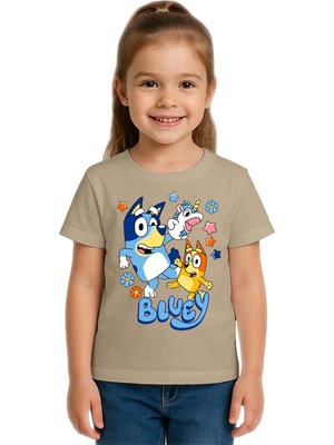 Sedirli Unisex Bluey Baskılı Çocuk Tişört Pamuklu Penye Kumaş