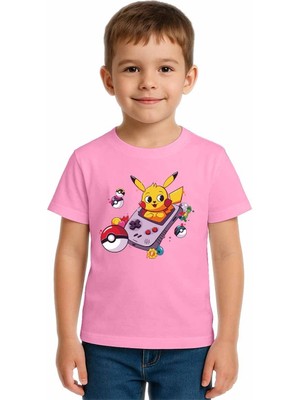 Sedirli Unisex Pikaçu Baskılı Çocuk Tişört Pamuklu Penye Kumaş