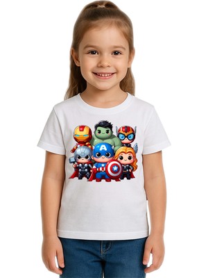 Sedirli Unisex Hulk Kaptan Amerika Demir Adam Baskılı Çocuk Tişört Pamuklu Penye Kumaş