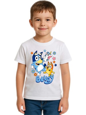 Sedirli Unisex Bluey Baskılı Çocuk Tişört Pamuklu Penye Kumaş